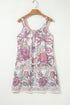 Multicolour Floral Print Fringed Tie U Neck Sleeveless Mini Dress
